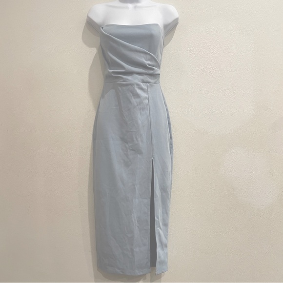 NWT Windsor Baby Blue Strapless Ruched‎ Sheath Midi Dress with Slit - Picture 1 of 6